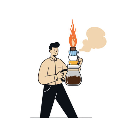 Illustration shows man holding multiple coffee cups and pot with steam rising, symbolizing warmth and energy, in a simple style, calm mood.のイラスト素材