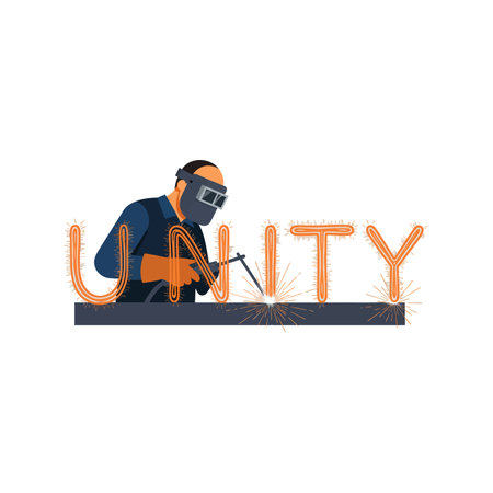 Welder wearing protective gear welding the word unity with bright sparks on a white background,...