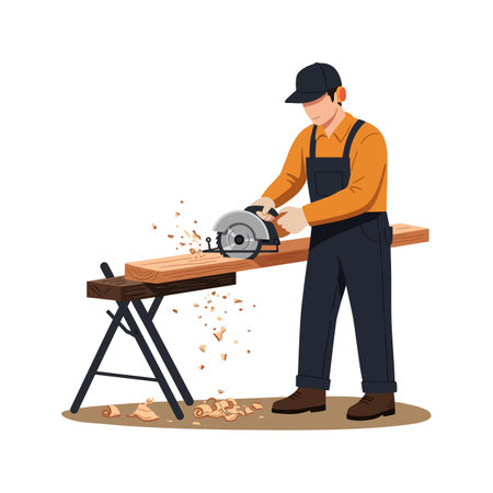Carpenter uses circular saw to cut wooden plank on workbench, creating wood shavings in a focused work environment. Calm mood.のイラスト素材