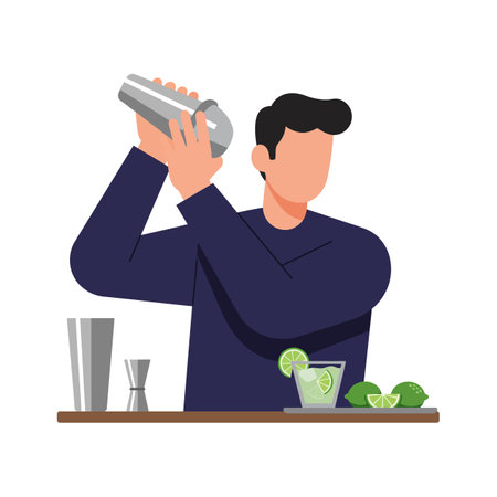 Man shakes cocktail shaker behind bar counter with lime garnishes and glass, creating drinks in modern flat style. Cheerful mood.のイラスト素材