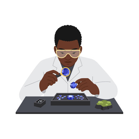 Male gemologist inspects blue gemstones using a magnifying glass in a white coat, focused on detailed gemstone analysis, professional mood.のイラスト素材