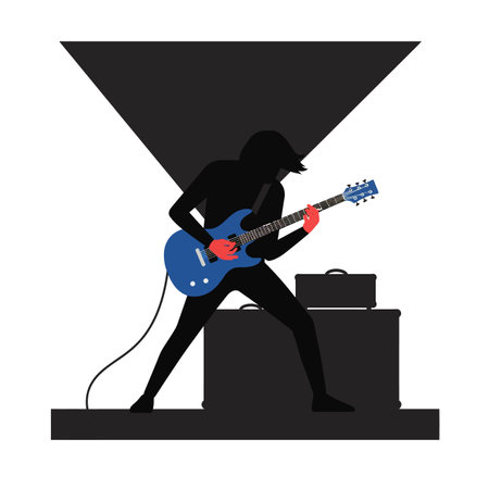 Illustration shows a musician playing blue electric guitar on stage with amplifier and black triangular backdrop in simple style, dynamic and energetic.のイラスト素材