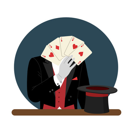 Vector illustration shows a magician holding playing cards in front of face with a top hat on table, creating a mysterious and magical atmosphere.のイラスト素材