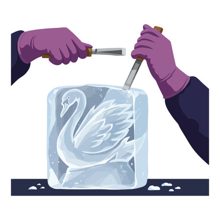Hands wearing purple gloves carve a detailed swan figure from a block of ice using chisels in this vector illustration. Calm and focused.のイラスト素材