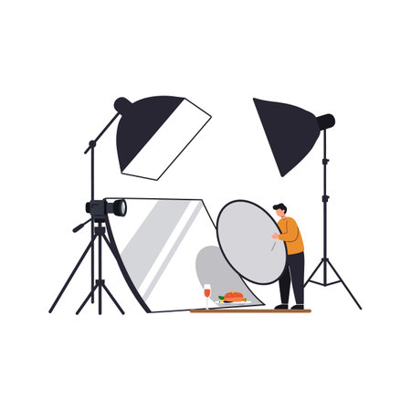 Illustration shows a person arranging light reflector for food photography with professional studio lights, camera, and reflective panels, creative mood.のイラスト素材