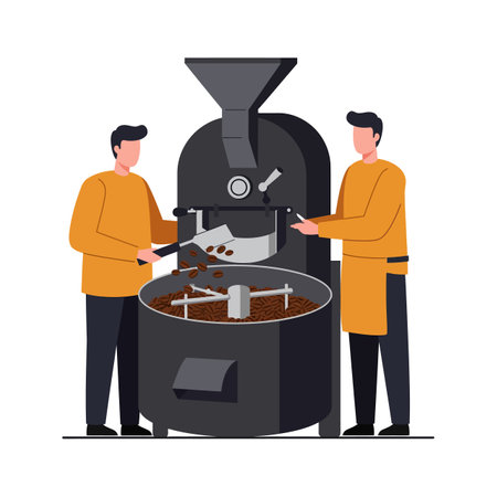 Two workers operate a large coffee roasting machine, turning raw beans into roasted coffee, showcasing an industrial coffee production scene. Calm atmosphere.のイラスト素材