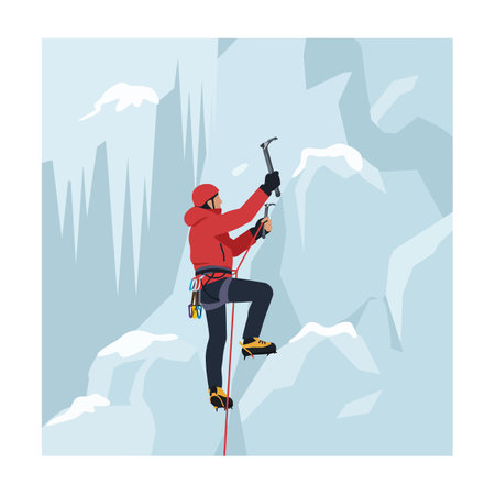 A climber in a red jacket uses ice axes and rope to ascend a frozen mountain face in cold winter conditions, creating an adventurous mood.のイラスト素材