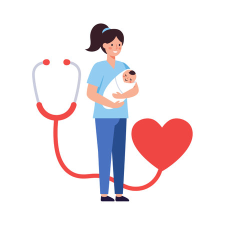 Illustration shows a nurse holding a newborn baby with a heart-shaped stethoscope symbolizing healthcare and care, conveying warmth and compassion.のイラスト素材