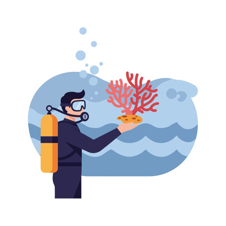 Scuba diver wearing mask and oxygen tank holds red coral reef underwater with blue waves and bubbles in a calm marine scene. Relaxed mood.のイラスト素材