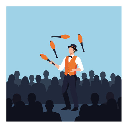 Juggler wearing orange vest and black hat performs with five clubs on stage in front of a crowd,...