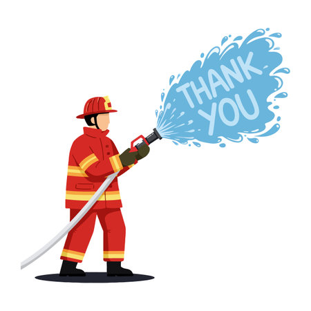Illustration shows a firefighter in red uniform spraying water with thank you text in blue splash, conveying gratitude and respect. Cheerful mood.のイラスト素材
