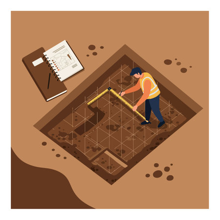Construction worker measures foundation pit using tape measure next to notebook and pen on brown soil. Construction site scene with warm colors, focused mood.のイラスト素材