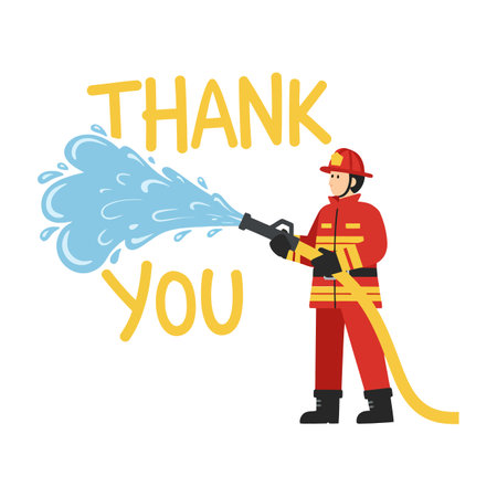 Illustration shows a firefighter in red uniform spraying water with hose while the words thank you appear behind, creating a grateful mood.のイラスト素材