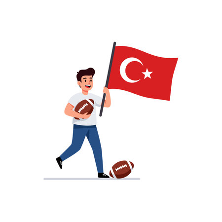 Illustration shows a young man running cheerfully holding a Turkish flag with rugby balls nearby on white background. Bright and lively mood.のイラスト素材