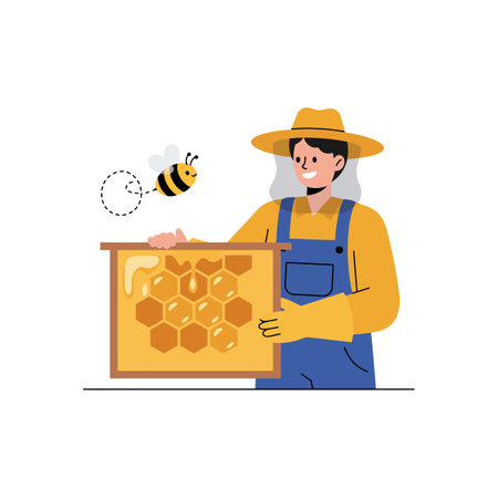 Illustration shows a beekeeper in yellow and blue holding a honeycomb frame with a bee flying nearby, creating a cheerful mood.のイラスト素材