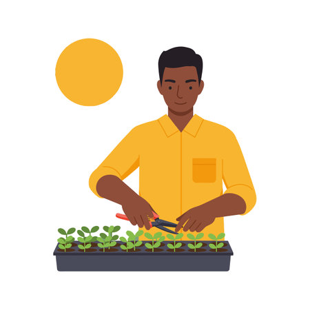A man in a yellow shirt prunes small plants under a bright sun, engaging in gardening with focus and care. Calm mood.のイラスト素材