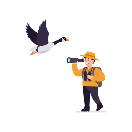 A birdwatcher wearing a yellow jacket and hat uses binoculars to observe a flying goose in a clear outdoor setting, creating a peaceful mood.のイラスト素材