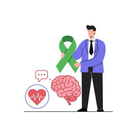 Illustration shows man holding green awareness ribbon with brain and heart icons representing mental health support in a calm mood.のイラスト素材