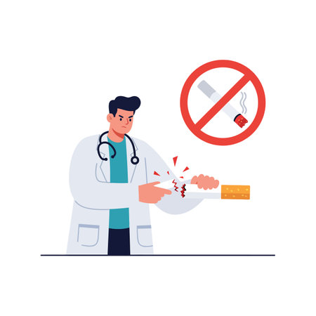 Illustration shows doctor breaking a cigarette with a no smoking sign above, promoting health awareness and anti-smoking message, serious mood.のイラスト素材