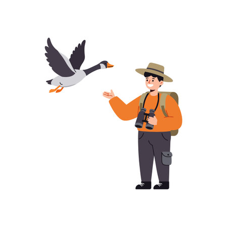 A wildlife photographer wearing a hat and orange jacket observes a flying goose with binoculars in a nature setting, creating a calm mood.のイラスト素材
