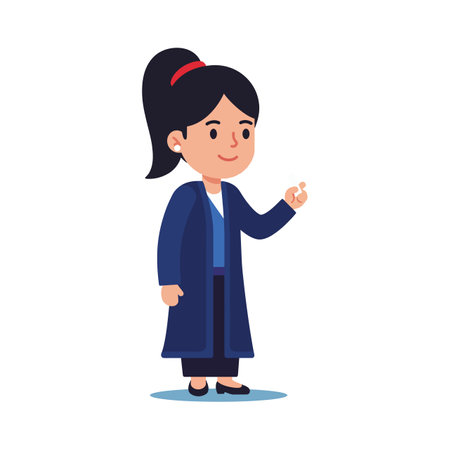 Cartoon woman character wearing a long blue coat and black pants, raising her hand with a confident smile in vector style. Cheerful mood.のイラスト素材