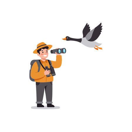 A birdwatcher uses binoculars to observe a flying goose in a natural outdoor setting, capturing a moment of wildlife appreciation. Calm mood.のイラスト素材