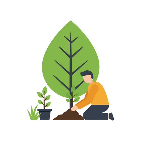Illustration shows a man planting a young tree with a large leaf backdrop symbolizing growth and nature care, creating a hopeful mood.のイラスト素材