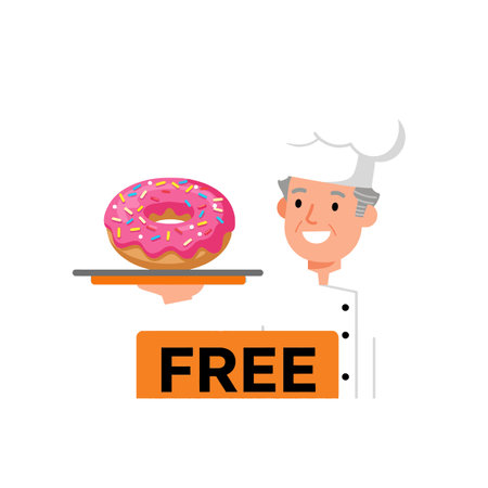 Illustration shows a smiling chef holding a tray with a pink frosted donut and a free promotion sign, presenting a friendly offer. Cheerful mood.のイラスト素材