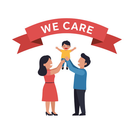 Illustration shows a mother and father lifting their child under a red banner with we care text in a joyful scene. Positive mood.のイラスト素材