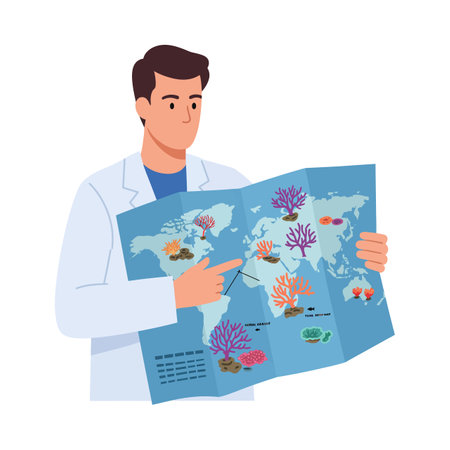 A male scientist studies a detailed world map showing coral reef locations and types, highlighting marine biodiversity in a clear informative style. Calm.のイラスト素材