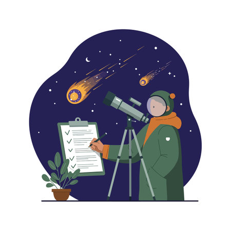 Person in winter clothing uses telescope to watch meteors while taking notes on a checklist under a dark starry sky, creating a calm mood.のイラスト素材