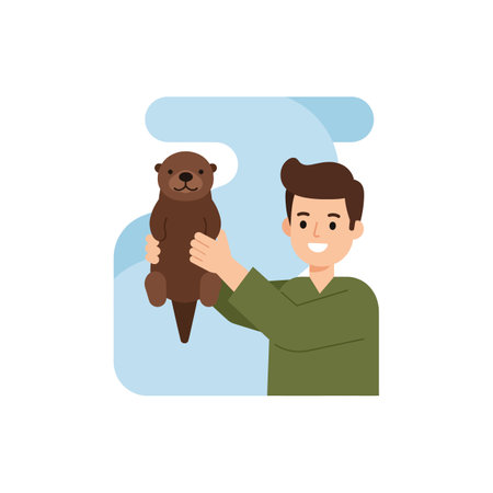 Man smiles while holding a brown otter in front of a large blue water pipe, showing wildlife interaction in a clean environment. Cheerful.のイラスト素材