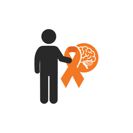 Vector illustration shows a person figure holding an orange brain awareness ribbon symbolizing neurological health support in a clean design. Calm.のイラスト素材