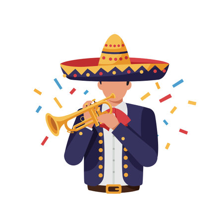 Illustration shows mariachi musician playing trumpet wearing a traditional sombrero and charro suit with colorful confetti around, festive and lively mood.のイラスト素材