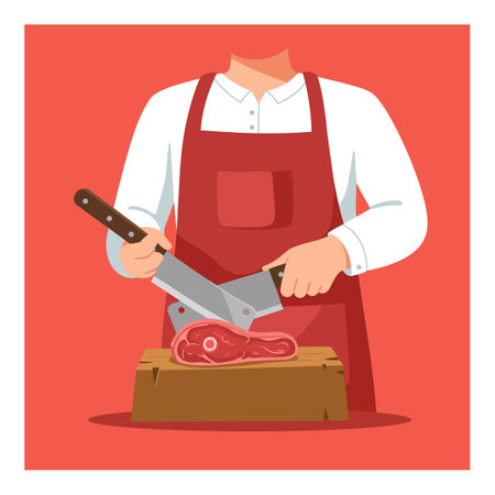 Person wearing red apron cuts fresh red meat on wooden board with cleaver in flat vector style, creating focused and professional mood.のイラスト素材
