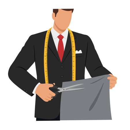 Male tailor in a black suit cuts gray fabric with scissors while measuring with yellow tape, creating a focused professional scene.のイラスト素材