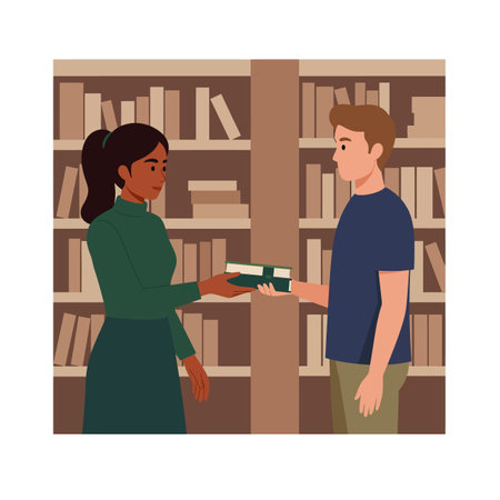 Illustration of a man and woman exchanging books in a library with bookshelves in the background, creating a calm and studious mood.のイラスト素材