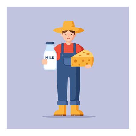 Illustration shows a farmer wearing hat and overalls holding milk bottle and cheese, set on light blue background, cheerful mood.のイラスト素材