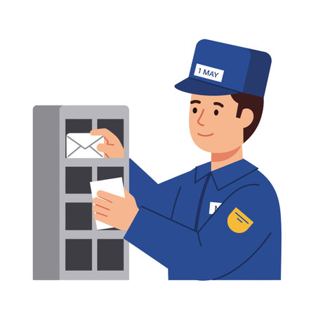 Mail carrier in blue uniform delivers letters to mailbox, showing postal service activity in simple flat style and calm mood.のイラスト素材