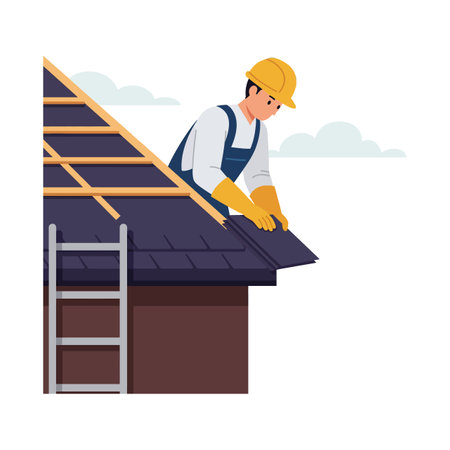 A construction worker wearing safety gear installs roofing tiles on a house roof with a ladder nearby in a calm setting.のイラスト素材