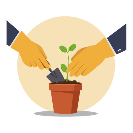 Illustration shows hands planting a small green seedling in a brown pot with soil, symbolizing growth and care, in calm mood.のイラスト素材
