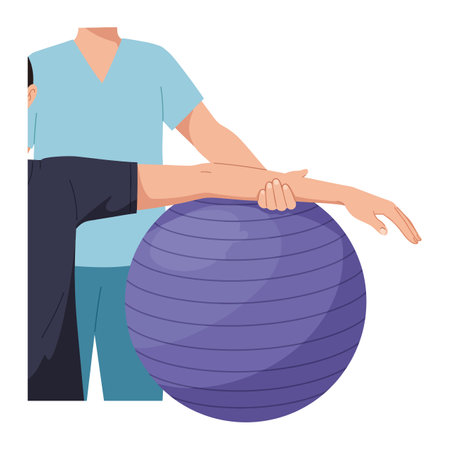 Illustration shows a person holding a purple stability ball during exercise or physical therapy session, conveying health and activity mood.のイラスト素材