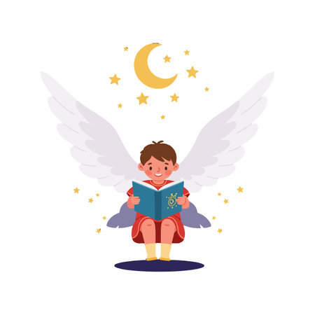 Boy with white angel wings reads a blue book under a crescent moon and yellow stars, creating a magical nighttime scene. Calm mood.のイラスト素材