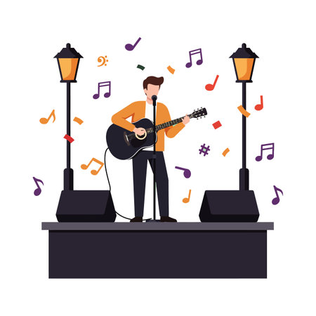 Illustration shows a male musician playing acoustic guitar on stage with colorful musical notes and street lamps creating a lively atmosphere. Energetic mood.のイラスト素材