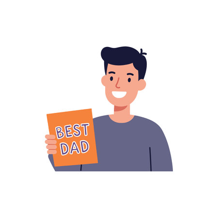 Illustration shows a smiling man holding a best dad card celebrating fatherhood with joy and warmth, perfect for Fathers Day mood.のイラスト素材