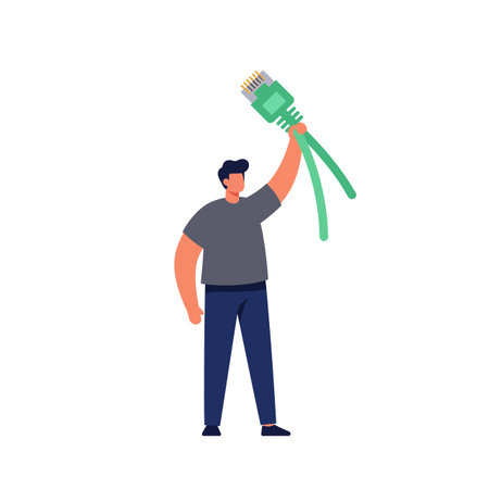 Illustration shows a man holding a large green ethernet cable symbolizing networking and connectivity in technology context, conveying modern and innovative mood.のイラスト素材