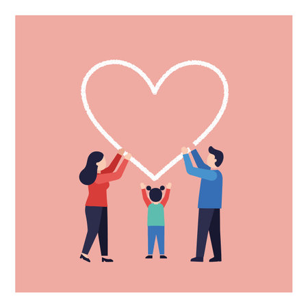 Illustration shows a family with mother, father, and child holding a heart shape symbolizing love and unity in a warm scene. Calm mood.のイラスト素材