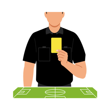 Illustration of a soccer referee holding a yellow card over a green soccer field in a flat vector style with neutral mood.のイラスト素材