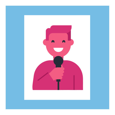Illustration shows a smiling male speaker holding a microphone with pink and blue colors in a square...