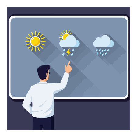 Man stands in front of a board showing weather icons for sun, rain, and thunderstorm in a flat style with long shadows, calm mood.のイラスト素材